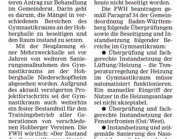 Gymnastikraum Hohberghalle wieder auf Vordermann bringen